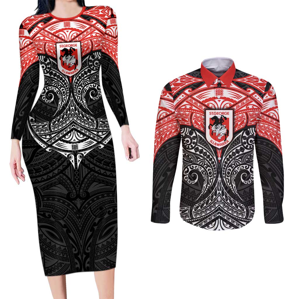 Personalized St. George Illawarra Dragons Couples Matching Long Sleeve Bodycon Dress and Long Sleeve Button Shirt Polynesian Tribal Pattern Style