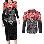 Personalized St. George Illawarra Dragons Couples Matching Long Sleeve Bodycon Dress and Long Sleeve Button Shirt Polynesian Tribal Pattern Style
