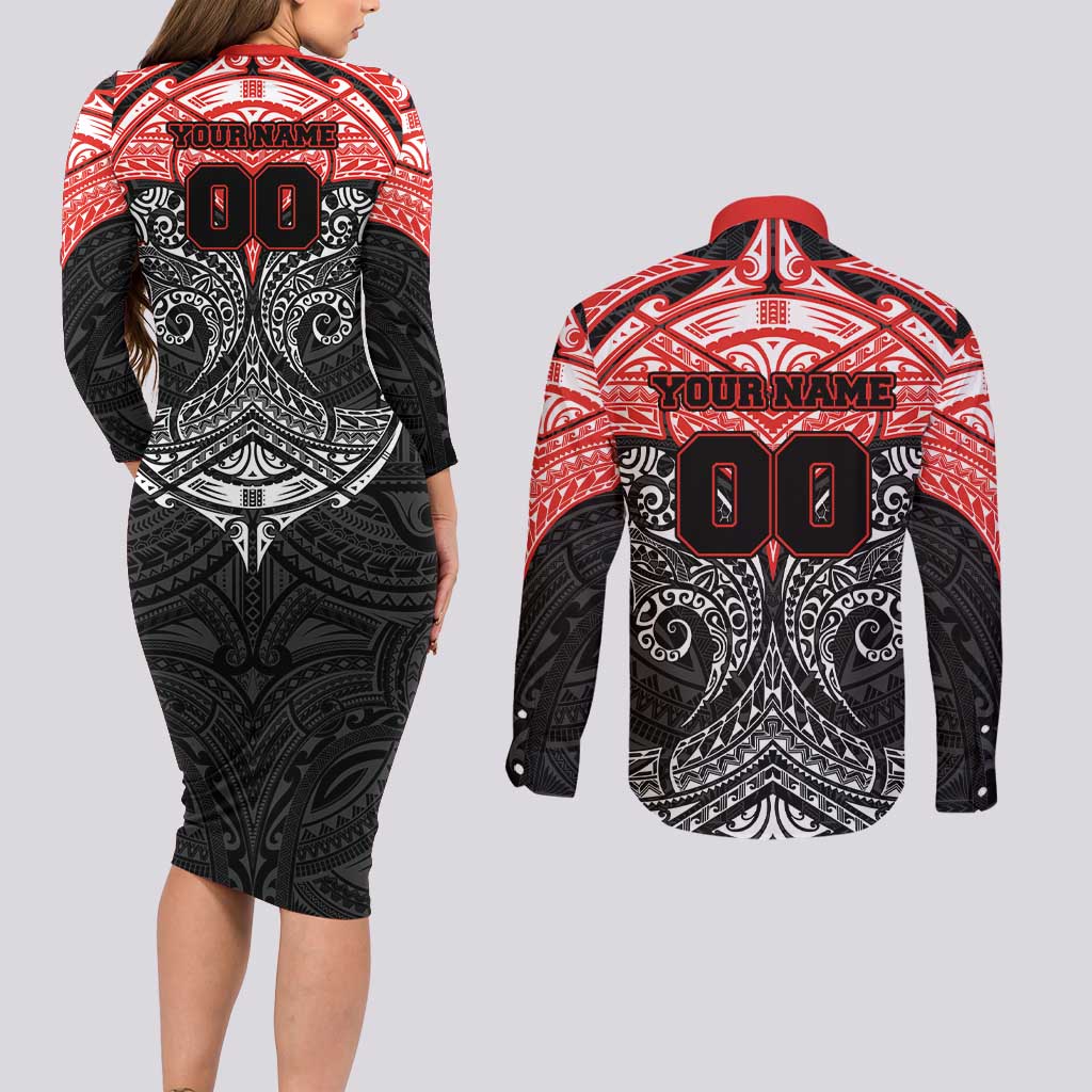 Personalized St. George Illawarra Dragons Couples Matching Long Sleeve Bodycon Dress and Long Sleeve Button Shirt Polynesian Tribal Pattern Style