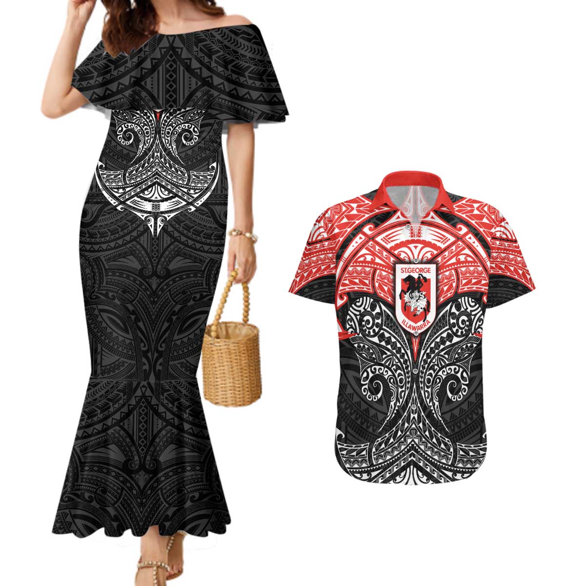 Personalized St. George Illawarra Dragons Couples Matching Mermaid Dress and Hawaiian Shirt Polynesian Tribal Pattern Style