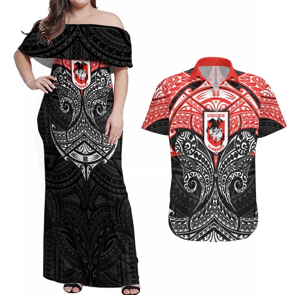 Personalized St. George Illawarra Dragons Couples Matching Off Shoulder Maxi Dress and Hawaiian Shirt Polynesian Tribal Pattern Style