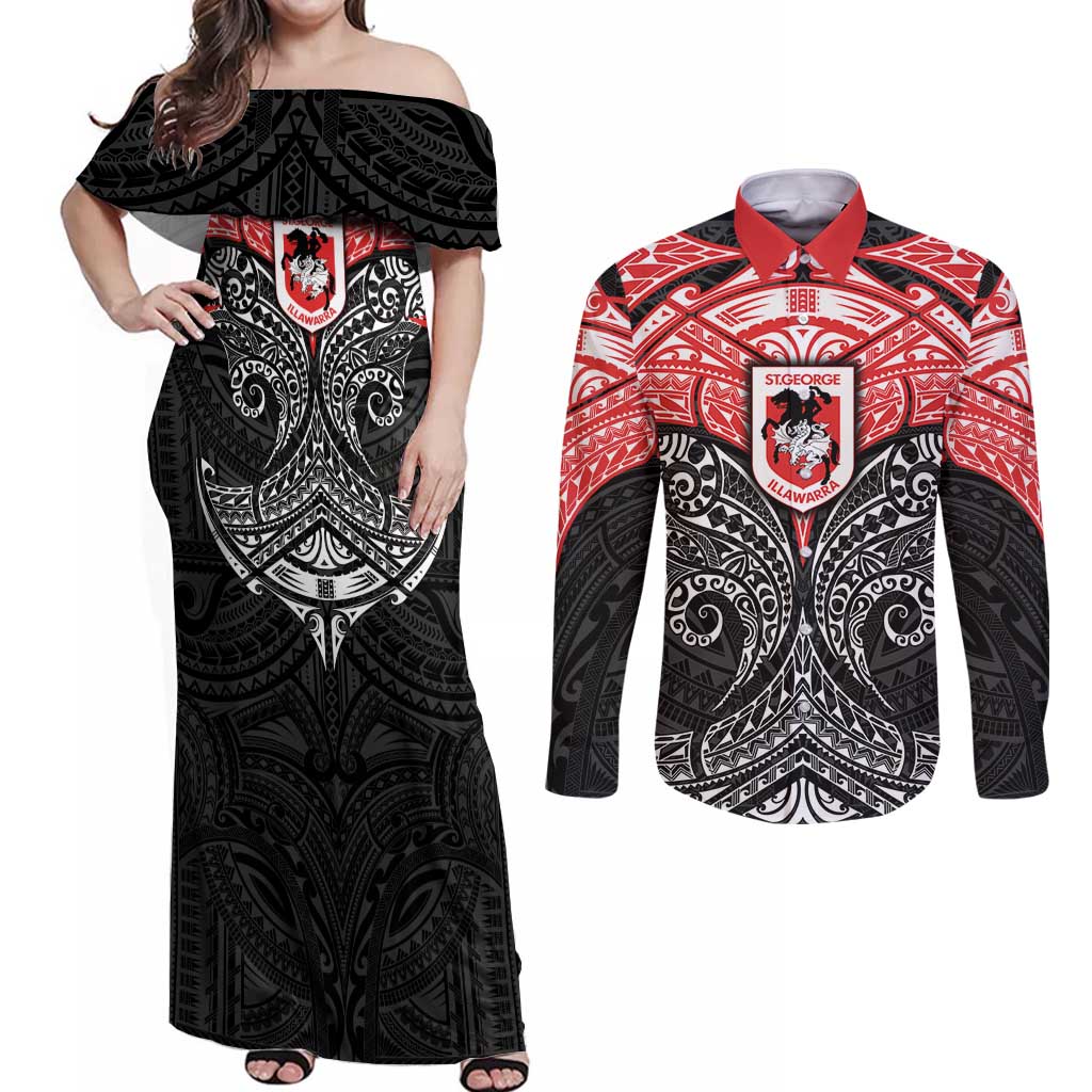 Personalized St. George Illawarra Dragons Couples Matching Off Shoulder Maxi Dress and Long Sleeve Button Shirt Polynesian Tribal Pattern Style