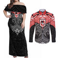 Personalized St. George Illawarra Dragons Couples Matching Off Shoulder Maxi Dress and Long Sleeve Button Shirt Polynesian Tribal Pattern Style