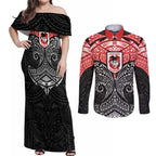 Personalized St. George Illawarra Dragons Couples Matching Off Shoulder Maxi Dress and Long Sleeve Button Shirt Polynesian Tribal Pattern Style