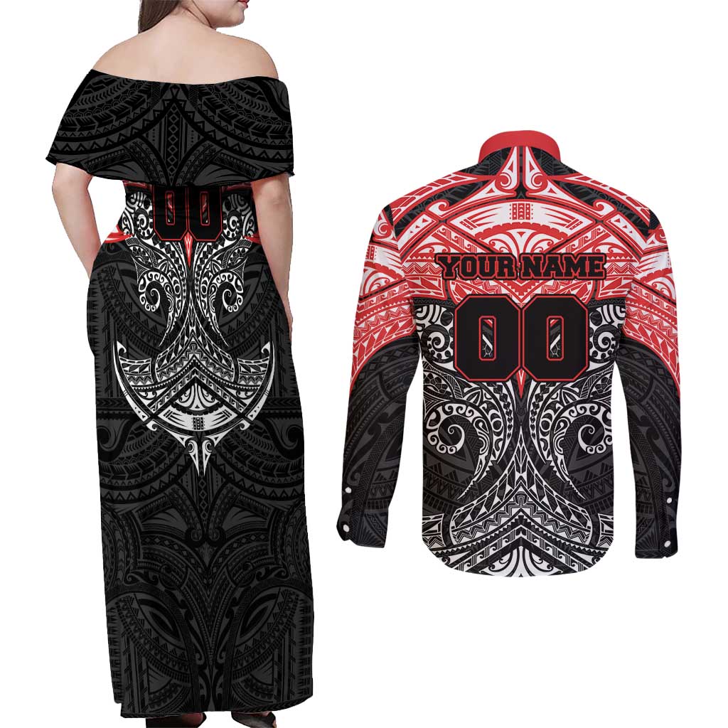 Personalized St. George Illawarra Dragons Couples Matching Off Shoulder Maxi Dress and Long Sleeve Button Shirt Polynesian Tribal Pattern Style