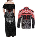Personalized St. George Illawarra Dragons Couples Matching Off Shoulder Maxi Dress and Long Sleeve Button Shirt Polynesian Tribal Pattern Style