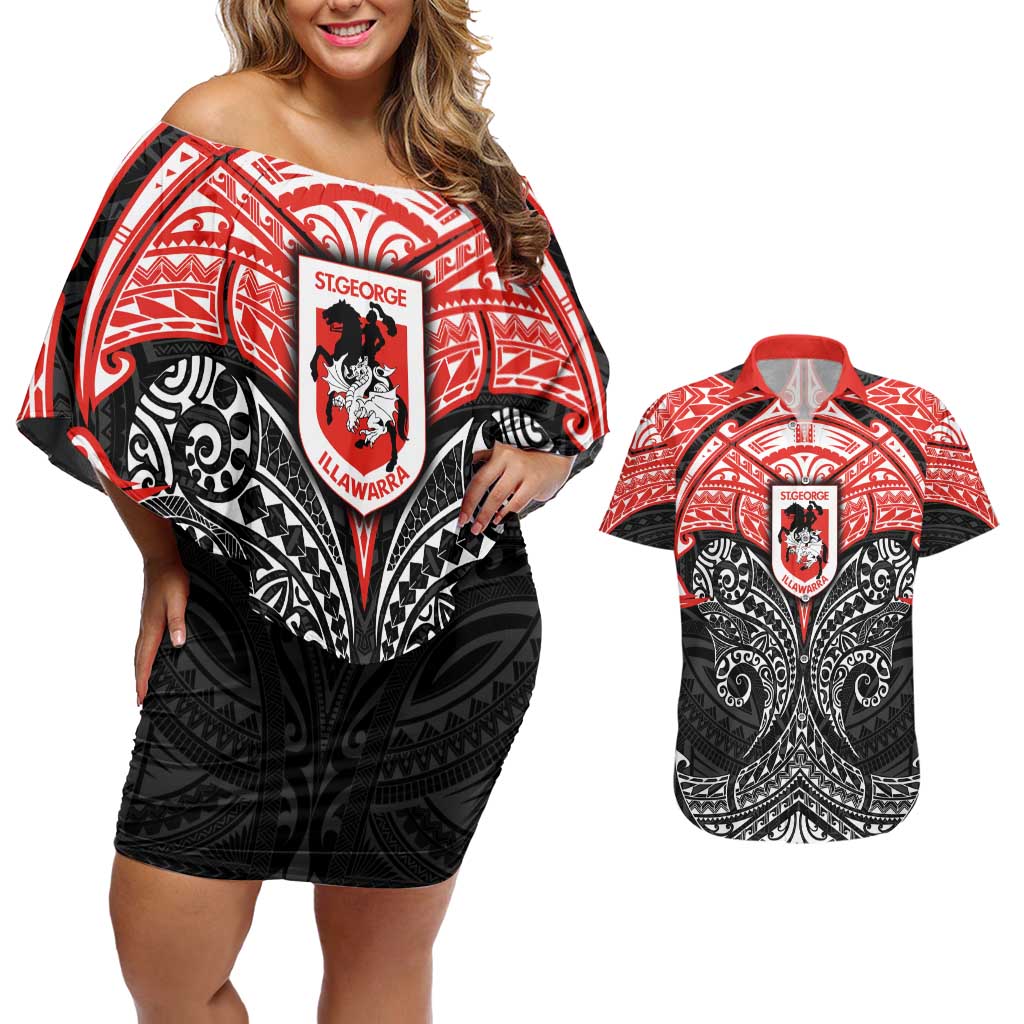 Personalized St. George Illawarra Dragons Couples Matching Off Shoulder Short Dress and Hawaiian Shirt Polynesian Tribal Pattern Style