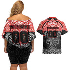 Personalized St. George Illawarra Dragons Couples Matching Off Shoulder Short Dress and Hawaiian Shirt Polynesian Tribal Pattern Style