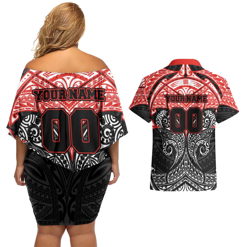 Personalized St. George Illawarra Dragons Couples Matching Off Shoulder Short Dress and Hawaiian Shirt Polynesian Tribal Pattern Style