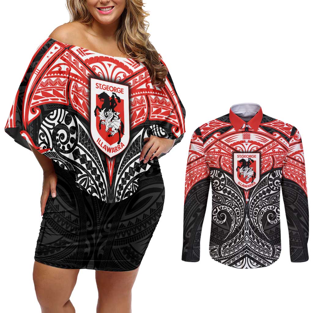 Personalized St. George Illawarra Dragons Couples Matching Off Shoulder Short Dress and Long Sleeve Button Shirt Polynesian Tribal Pattern Style