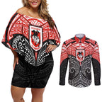 Personalized St. George Illawarra Dragons Couples Matching Off Shoulder Short Dress and Long Sleeve Button Shirt Polynesian Tribal Pattern Style