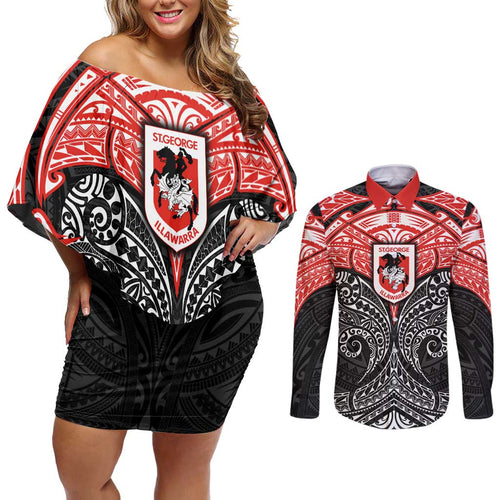 Personalized St. George Illawarra Dragons Couples Matching Off Shoulder Short Dress and Long Sleeve Button Shirt Polynesian Tribal Pattern Style
