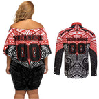 Personalized St. George Illawarra Dragons Couples Matching Off Shoulder Short Dress and Long Sleeve Button Shirt Polynesian Tribal Pattern Style