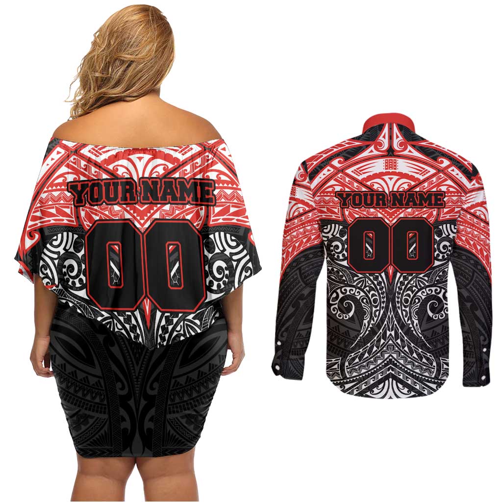 Personalized St. George Illawarra Dragons Couples Matching Off Shoulder Short Dress and Long Sleeve Button Shirt Polynesian Tribal Pattern Style