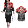 Personalized St. George Illawarra Dragons Couples Matching Off The Shoulder Long Sleeve Dress and Hawaiian Shirt Polynesian Tribal Pattern Style