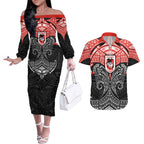 Personalized St. George Illawarra Dragons Couples Matching Off The Shoulder Long Sleeve Dress and Hawaiian Shirt Polynesian Tribal Pattern Style