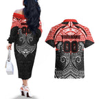 Personalized St. George Illawarra Dragons Couples Matching Off The Shoulder Long Sleeve Dress and Hawaiian Shirt Polynesian Tribal Pattern Style