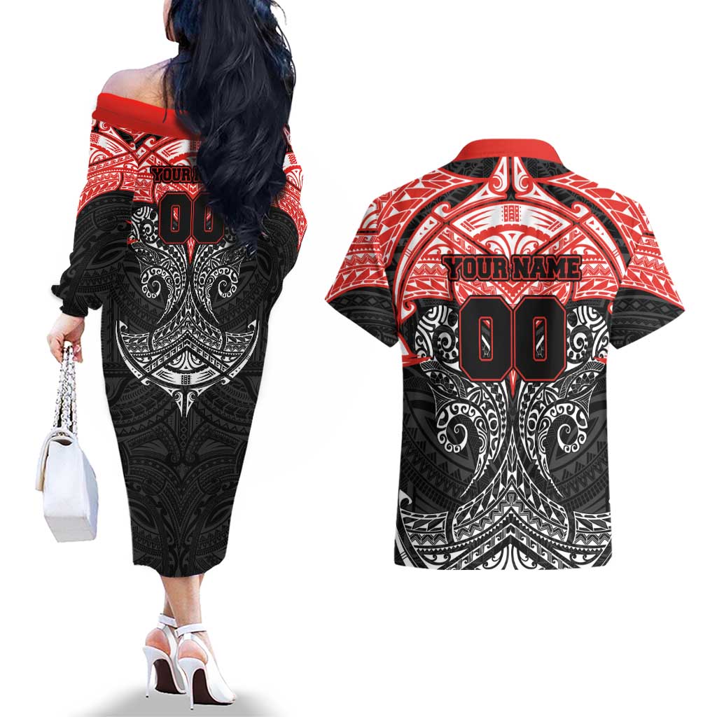 Personalized St. George Illawarra Dragons Couples Matching Off The Shoulder Long Sleeve Dress and Hawaiian Shirt Polynesian Tribal Pattern Style