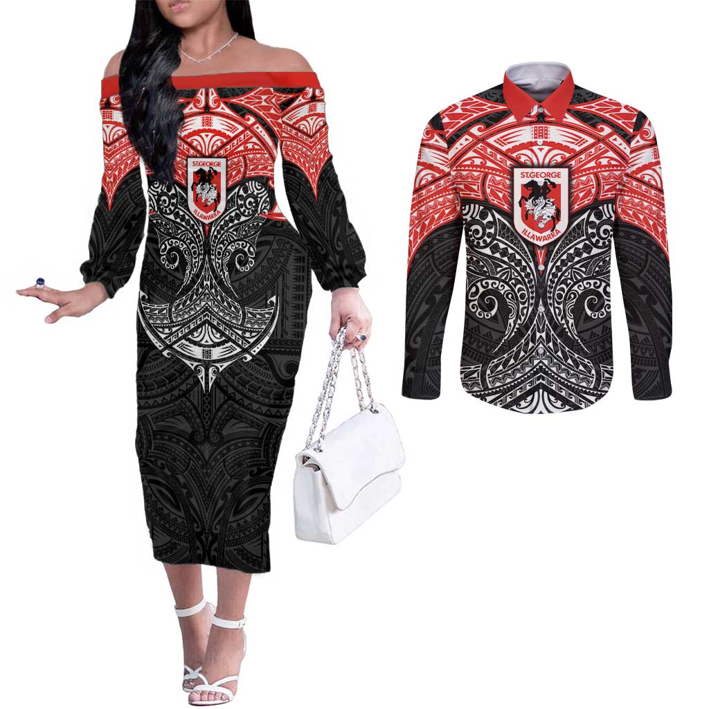 Personalized St. George Illawarra Dragons Couples Matching Off The Shoulder Long Sleeve Dress and Long Sleeve Button Shirt Polynesian Tribal Pattern Style
