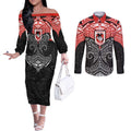 Personalized St. George Illawarra Dragons Couples Matching Off The Shoulder Long Sleeve Dress and Long Sleeve Button Shirt Polynesian Tribal Pattern Style