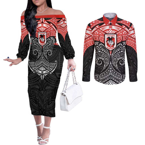 Personalized St. George Illawarra Dragons Couples Matching Off The Shoulder Long Sleeve Dress and Long Sleeve Button Shirt Polynesian Tribal Pattern Style