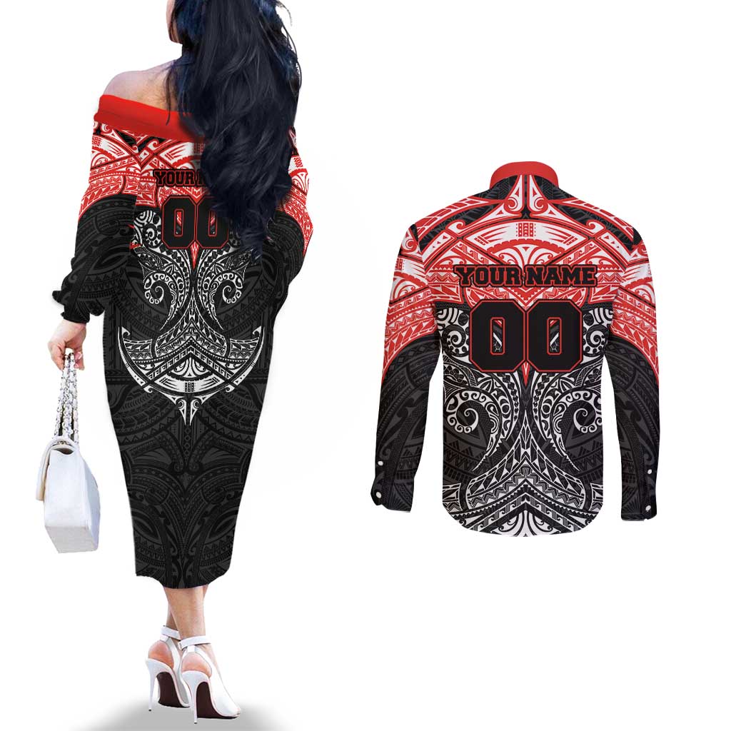 Personalized St. George Illawarra Dragons Couples Matching Off The Shoulder Long Sleeve Dress and Long Sleeve Button Shirt Polynesian Tribal Pattern Style