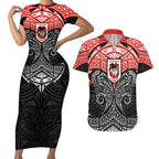 Personalized St. George Illawarra Dragons Couples Matching Short Sleeve Bodycon Dress and Hawaiian Shirt Polynesian Tribal Pattern Style