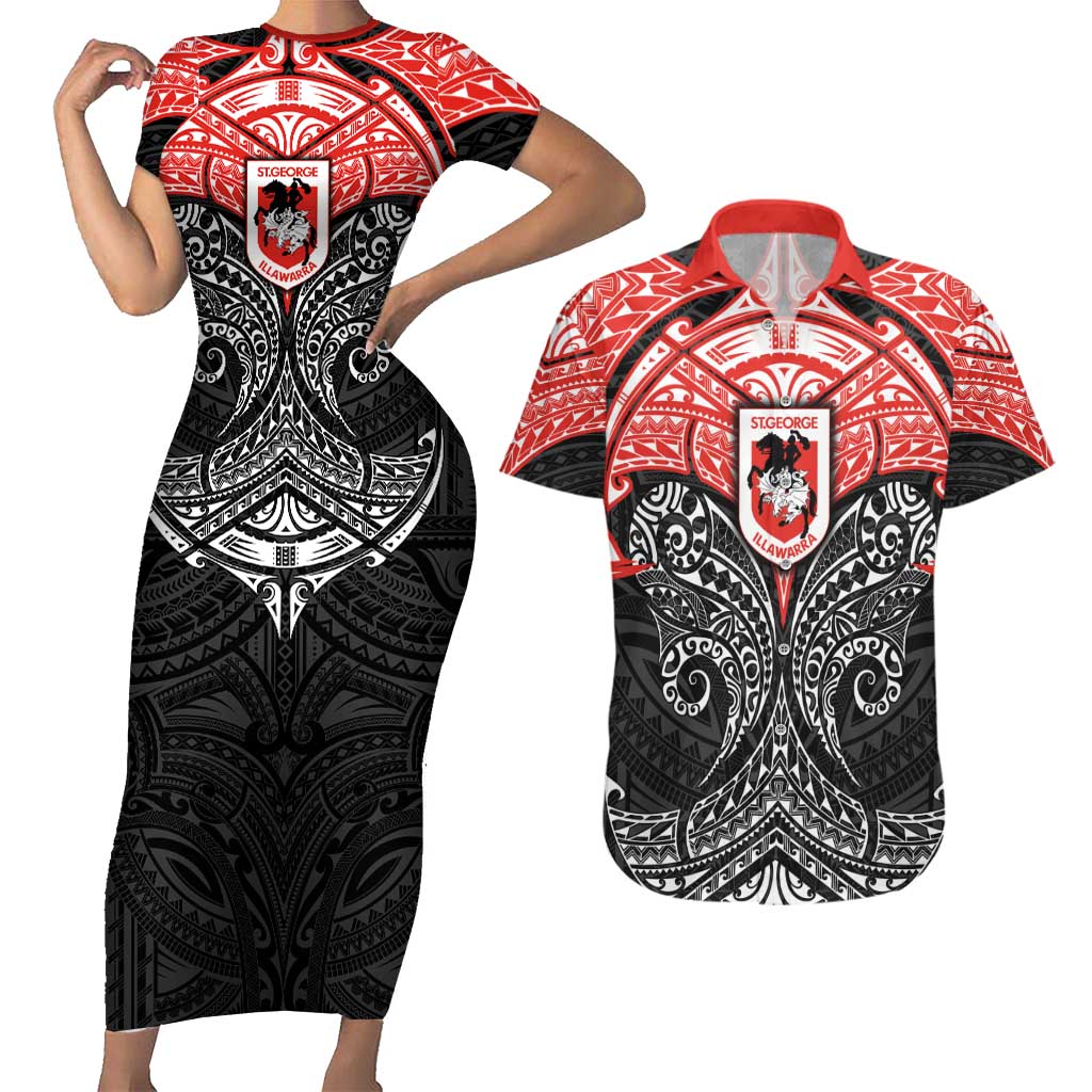 Personalized St. George Illawarra Dragons Couples Matching Short Sleeve Bodycon Dress and Hawaiian Shirt Polynesian Tribal Pattern Style