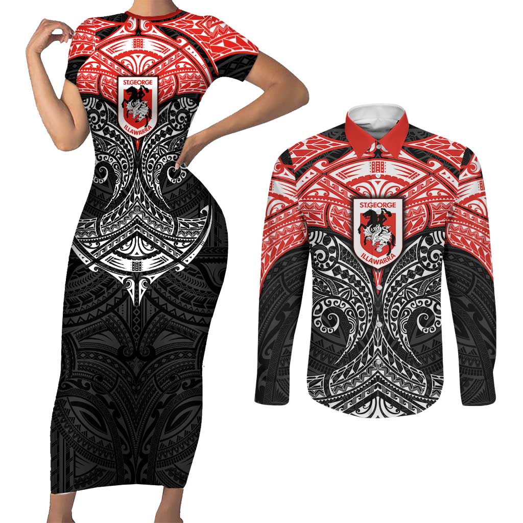 Personalized St. George Illawarra Dragons Couples Matching Short Sleeve Bodycon Dress and Long Sleeve Button Shirt Polynesian Tribal Pattern Style