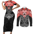 Personalized St. George Illawarra Dragons Couples Matching Short Sleeve Bodycon Dress and Long Sleeve Button Shirt Polynesian Tribal Pattern Style