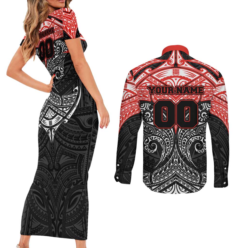 Personalized St. George Illawarra Dragons Couples Matching Short Sleeve Bodycon Dress and Long Sleeve Button Shirt Polynesian Tribal Pattern Style