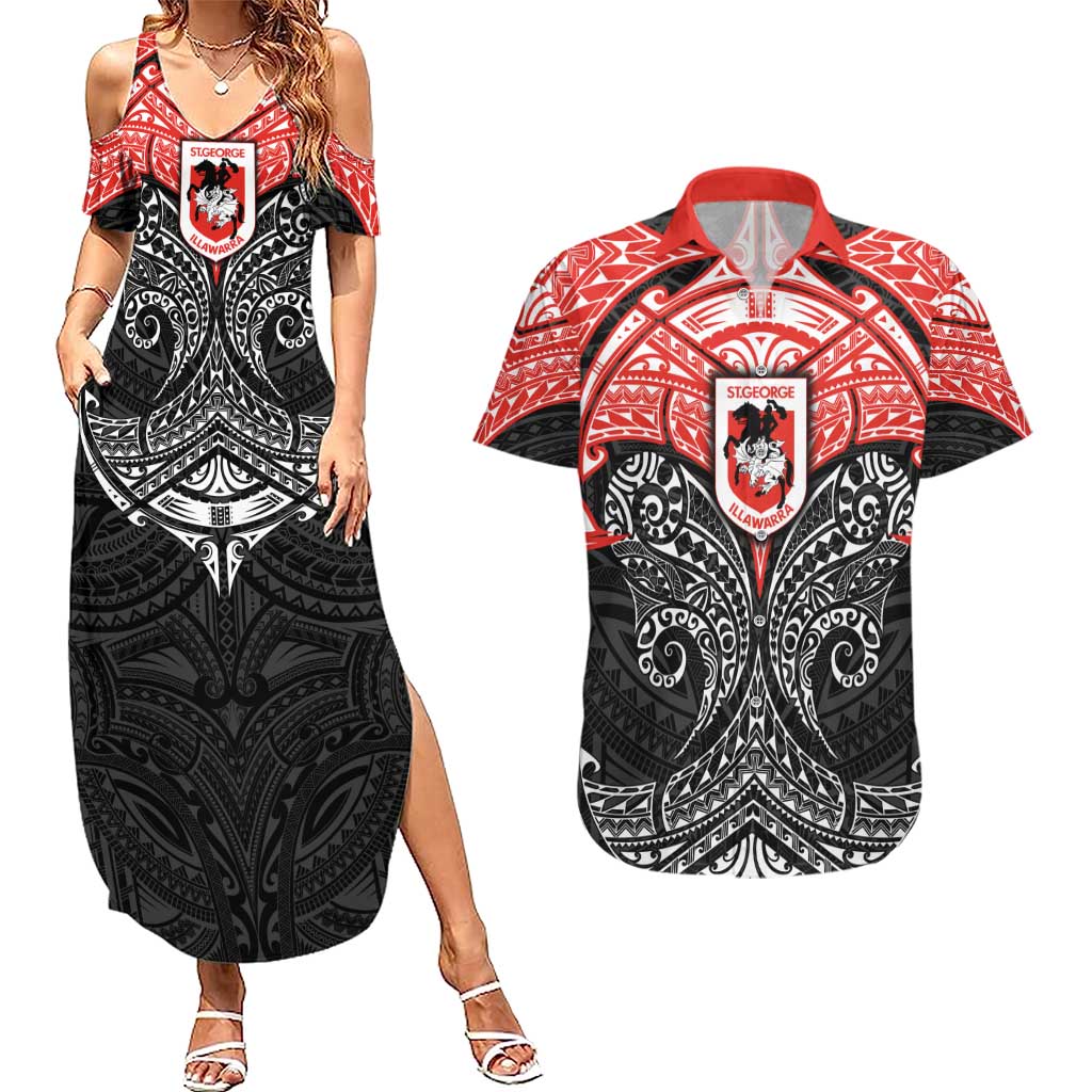 Personalized St. George Illawarra Dragons Couples Matching Summer Maxi Dress and Hawaiian Shirt Polynesian Tribal Pattern Style