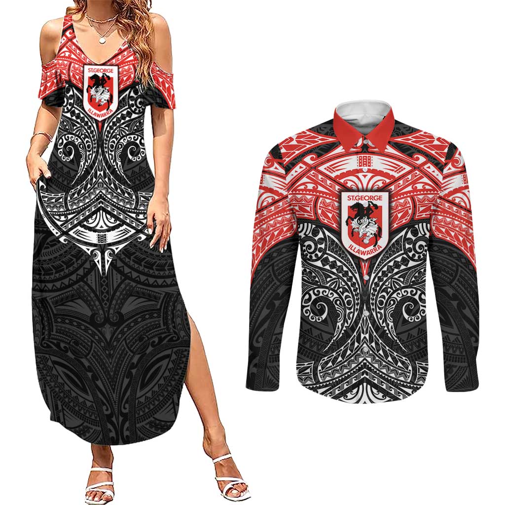 Personalized St. George Illawarra Dragons Couples Matching Summer Maxi Dress and Long Sleeve Button Shirt Polynesian Tribal Pattern Style