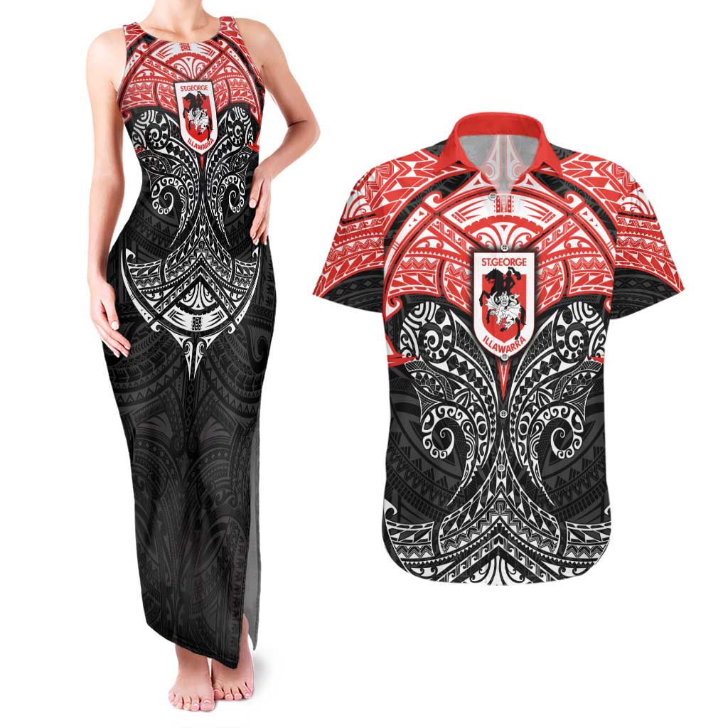 Personalized St. George Illawarra Dragons Couples Matching Tank Maxi Dress and Hawaiian Shirt Polynesian Tribal Pattern Style