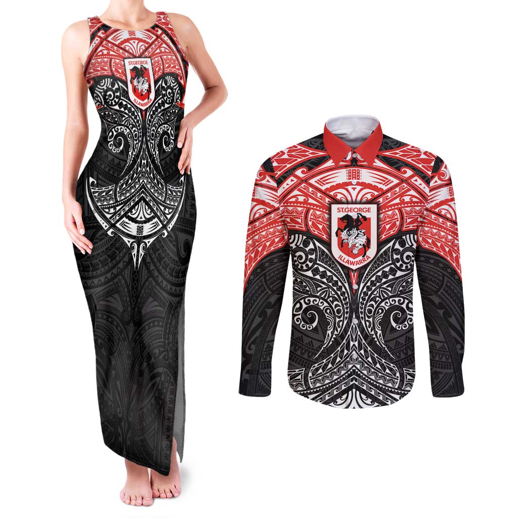 Personalized St. George Illawarra Dragons Couples Matching Tank Maxi Dress and Long Sleeve Button Shirt Polynesian Tribal Pattern Style