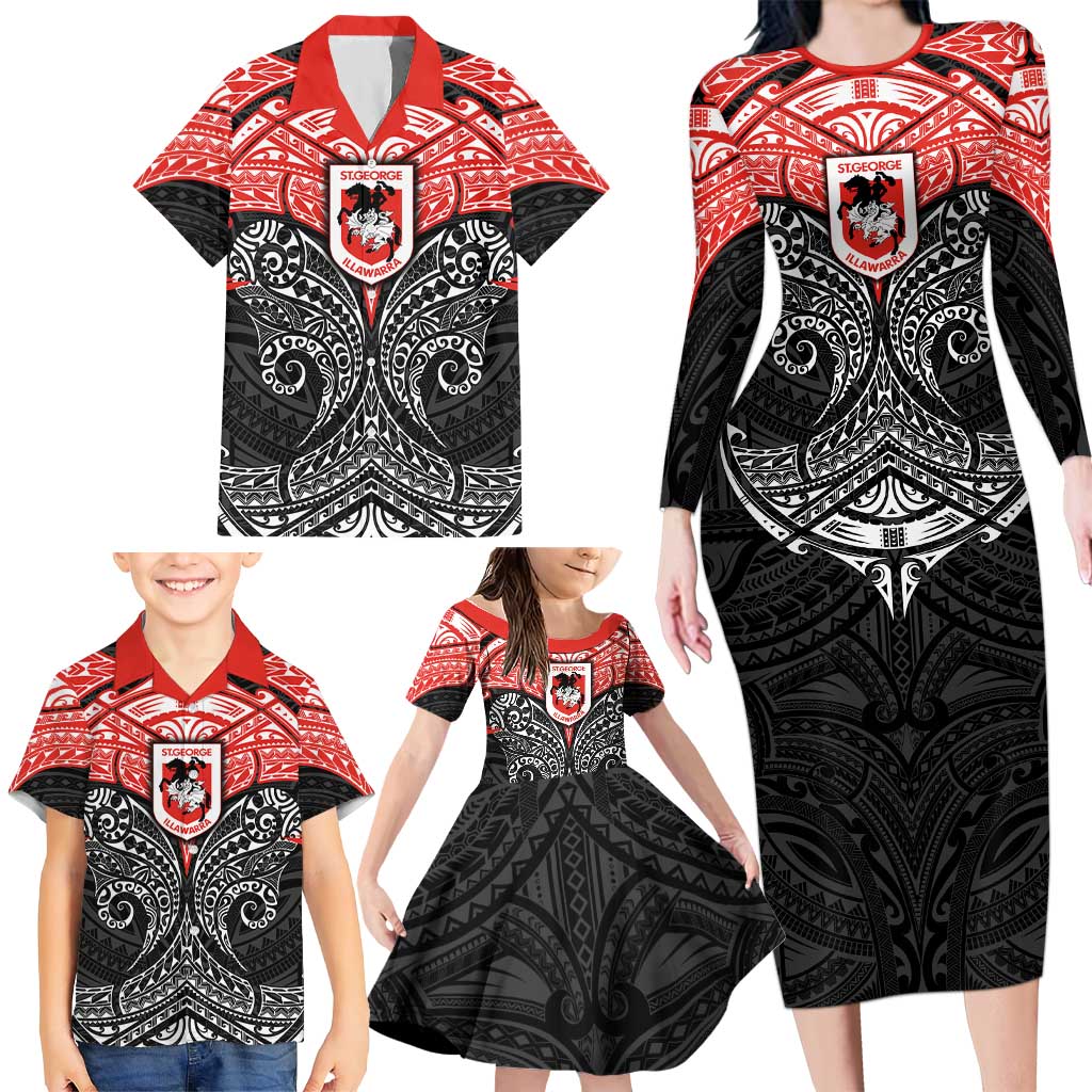 Personalized St. George Illawarra Dragons Family Matching Long Sleeve Bodycon Dress and Hawaiian Shirt Polynesian Tribal Pattern Style