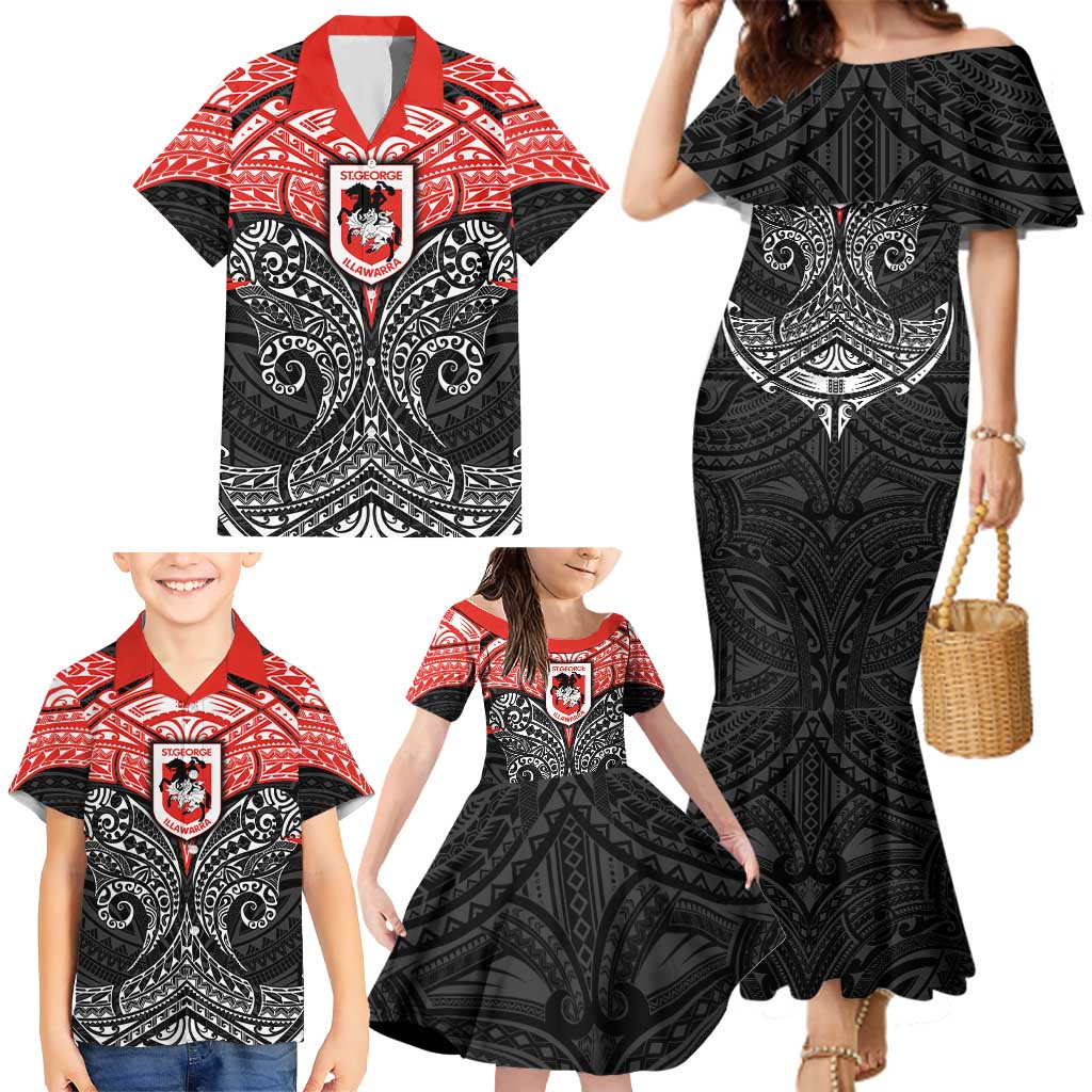 Personalized St. George Illawarra Dragons Family Matching Mermaid Dress and Hawaiian Shirt Polynesian Tribal Pattern Style