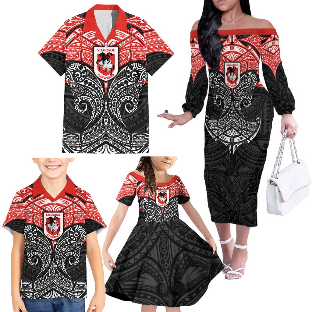 Personalized St. George Illawarra Dragons Family Matching Off The Shoulder Long Sleeve Dress and Hawaiian Shirt Polynesian Tribal Pattern Style