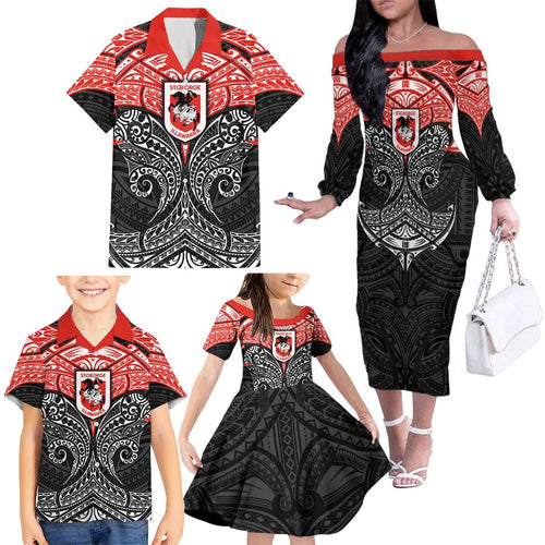 Personalized St. George Illawarra Dragons Family Matching Off The Shoulder Long Sleeve Dress and Hawaiian Shirt Polynesian Tribal Pattern Style