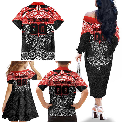Personalized St. George Illawarra Dragons Family Matching Off The Shoulder Long Sleeve Dress and Hawaiian Shirt Polynesian Tribal Pattern Style