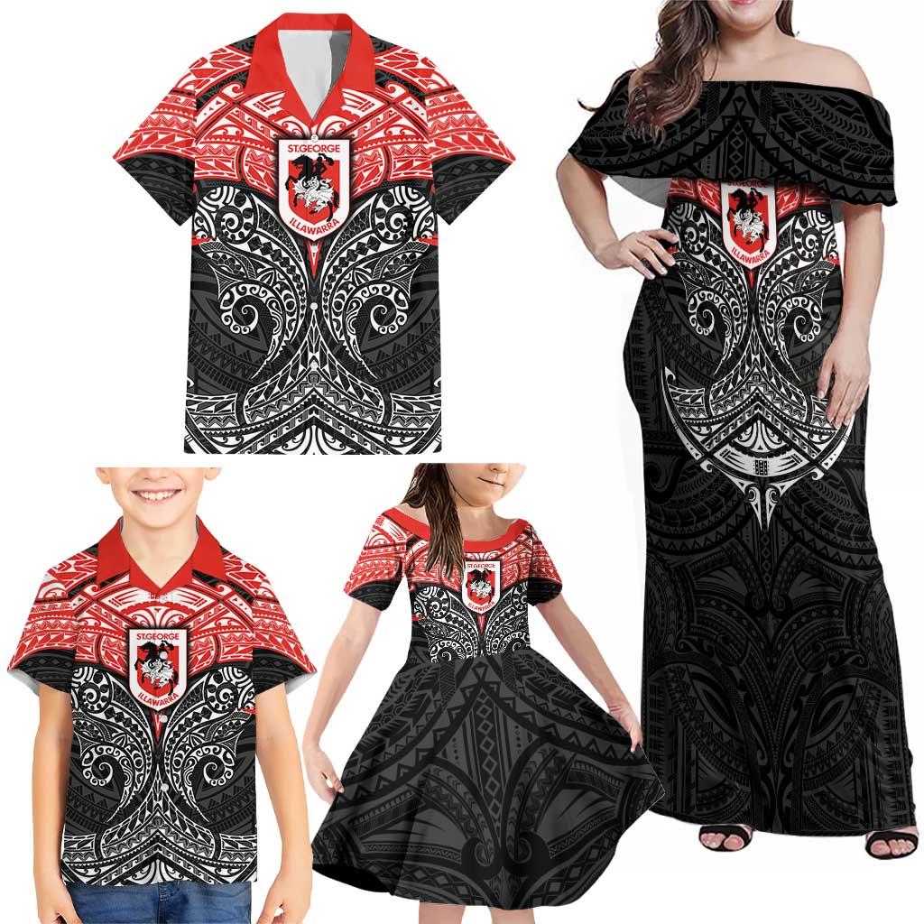 Personalized St. George Illawarra Dragons Family Matching Off Shoulder Maxi Dress and Hawaiian Shirt Polynesian Tribal Pattern Style
