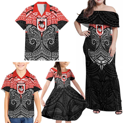 Personalized St. George Illawarra Dragons Family Matching Off Shoulder Maxi Dress and Hawaiian Shirt Polynesian Tribal Pattern Style