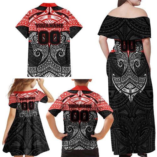 Personalized St. George Illawarra Dragons Family Matching Off Shoulder Maxi Dress and Hawaiian Shirt Polynesian Tribal Pattern Style