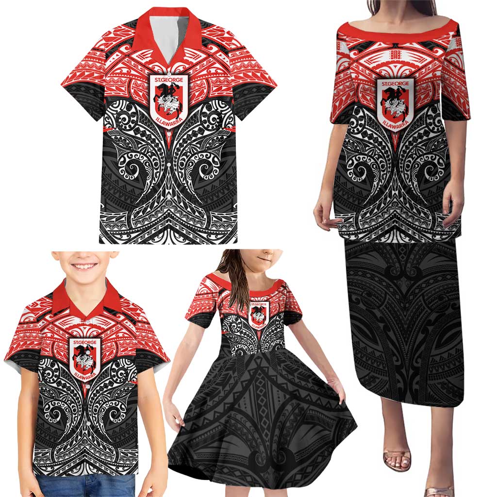Personalized St. George Illawarra Dragons Family Matching Puletasi and Hawaiian Shirt Polynesian Tribal Pattern Style