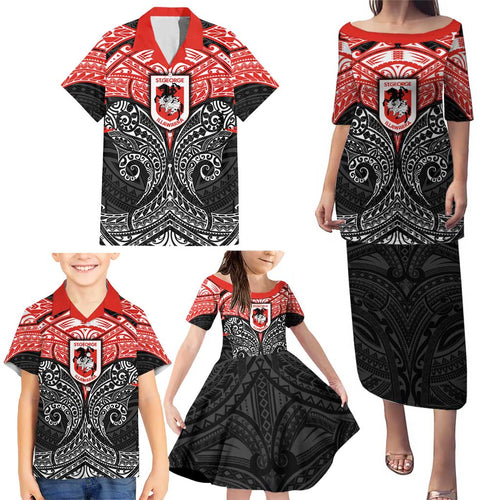 Personalized St. George Illawarra Dragons Family Matching Puletasi and Hawaiian Shirt Polynesian Tribal Pattern Style