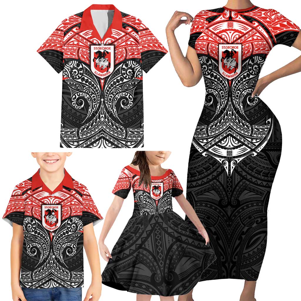 Personalized St. George Illawarra Dragons Family Matching Short Sleeve Bodycon Dress and Hawaiian Shirt Polynesian Tribal Pattern Style