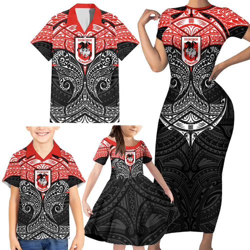 Personalized St. George Illawarra Dragons Family Matching Short Sleeve Bodycon Dress and Hawaiian Shirt Polynesian Tribal Pattern Style