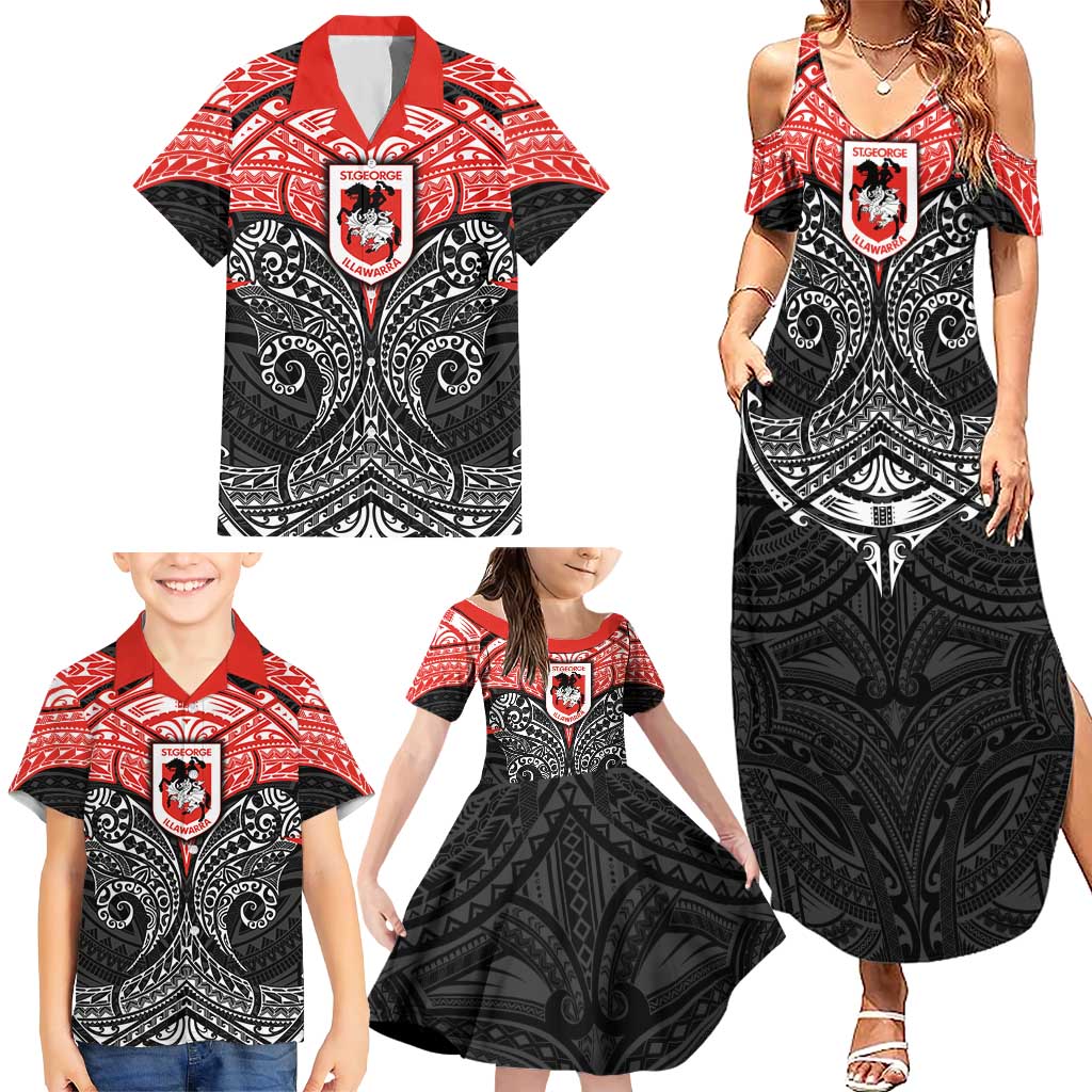 Personalized St. George Illawarra Dragons Family Matching Summer Maxi Dress and Hawaiian Shirt Polynesian Tribal Pattern Style