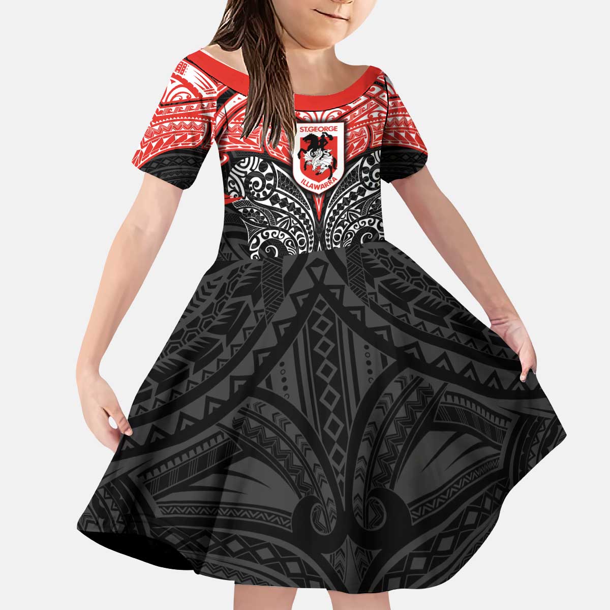 Personalized St. George Illawarra Dragons Kid Short Sleeve Dress Polynesian Tribal Pattern Style