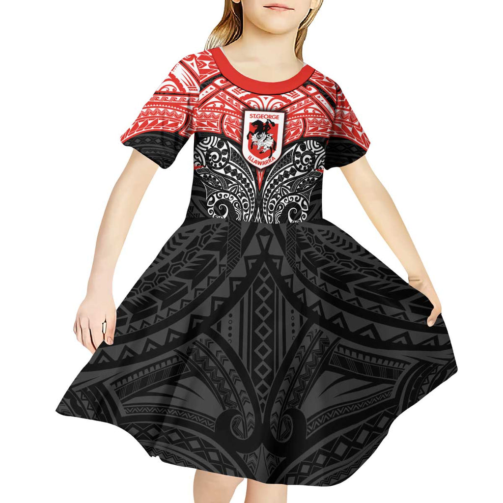Personalized St. George Illawarra Dragons Kid Short Sleeve Dress Polynesian Tribal Pattern Style